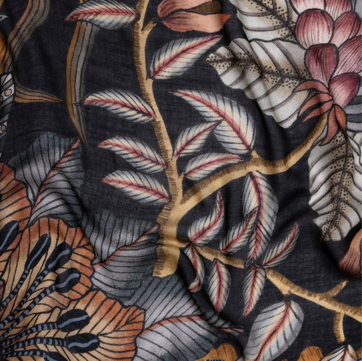 A zoomed-in view highlighting the delicate floral and foliage elements, emphasising the wrap’s fine artistry and detailed print.