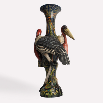 The back angle showcases the full curvature of the vase, with the Marabou Storks’ wings partially extended. The textured ceramic base blends natural hues, reflecting the storks' wetland habitat.