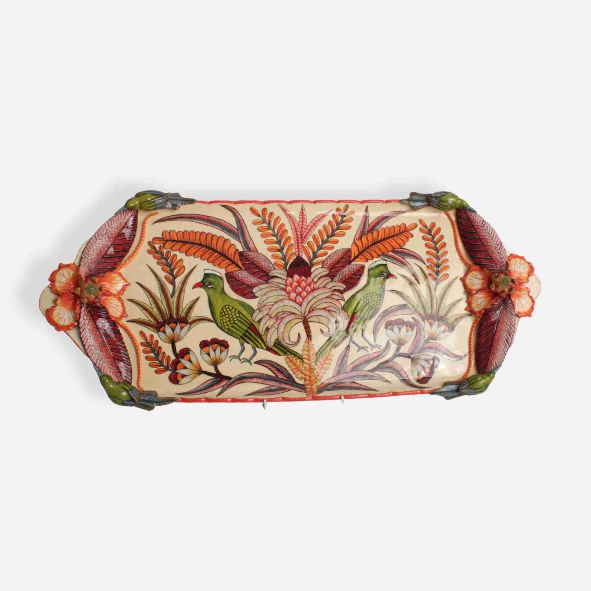 A beautifully hand-painted ceramic platter featuring intricate sunbird and floral designs in warm, earthy tones. The artwork highlights delicate botanical elements.