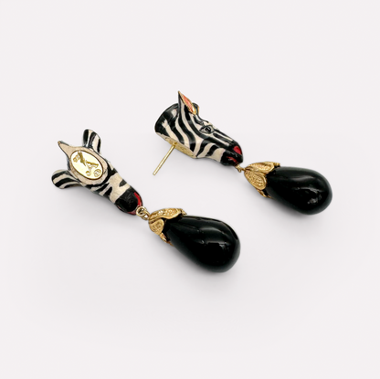 Zebra Head Earrings with Onyx Drops