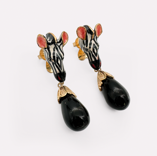 Zebra Head Earrings with Onyx Drops