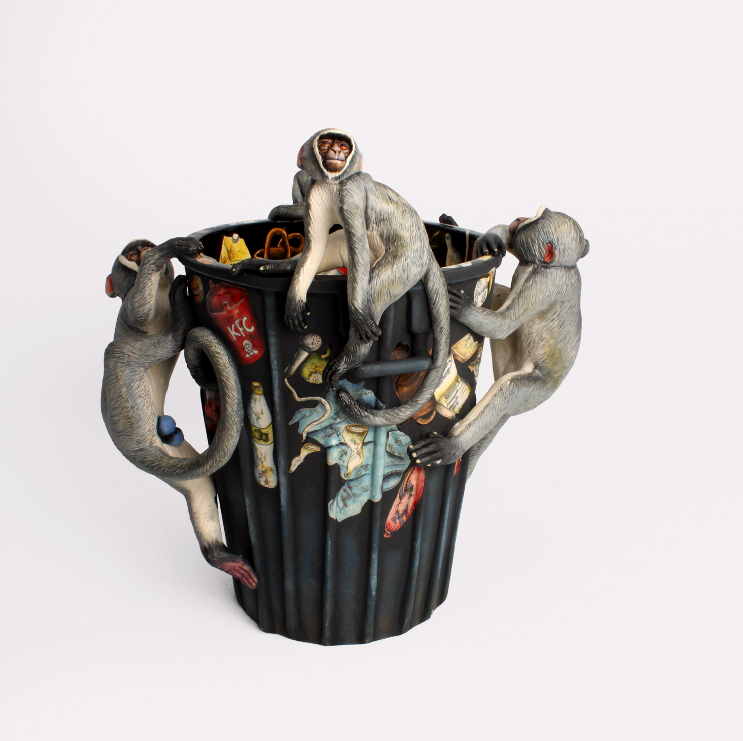 Monkeys Rummaging Waste Bin Sculpture