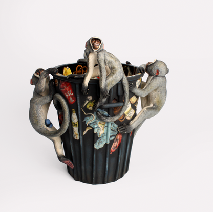 Monkeys Rummaging Waste Bin Sculpture