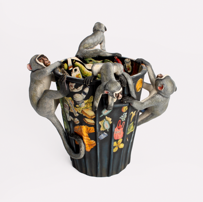 Monkeys Rummaging Waste Bin Sculpture