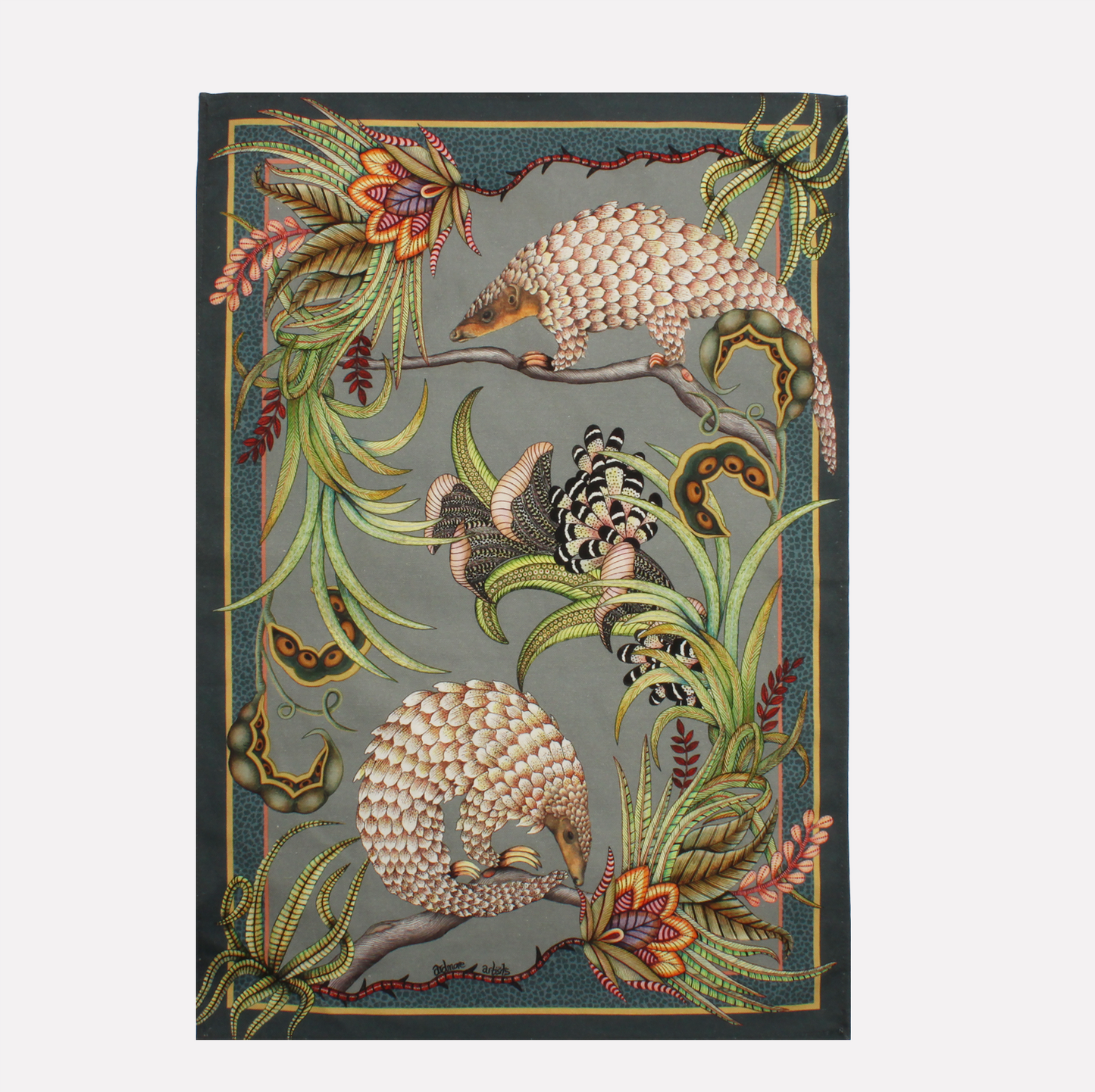 A beautifully illustrated tea towel featuring two pangolins foraging in the lush African bush, with intricate foliage and floral detailing.