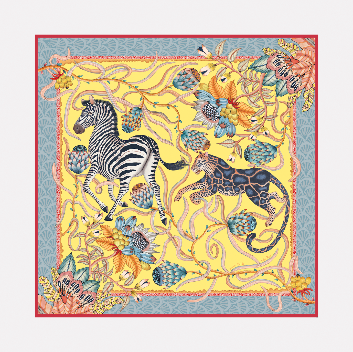 A silk scarf featuring zebras, leopards, and lush botanical elements against a warm yellow background with a coral red border, evoking an African sunrise.