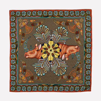 A square silk scarf featuring two mirrored rhinos with ornately patterned horns, framed by intricate floral and circular motifs, inspired by Zulu beadwork and traditional African patterns.