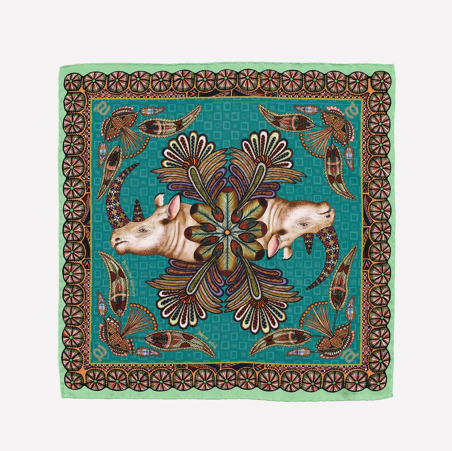 A luxurious silk pocket square in a rich green hue, adorned with two mirrored rhinos surrounded by intricate floral and circular Zulu-inspired patterns.