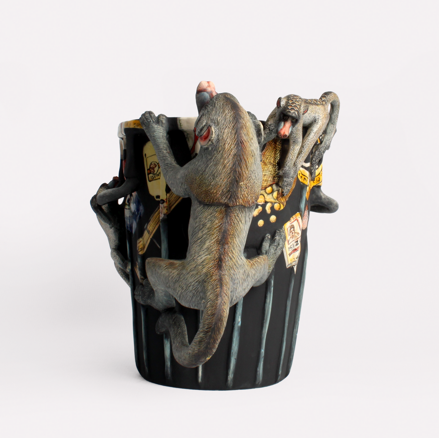 Baboons Rummaging Waste Bin Sculpture