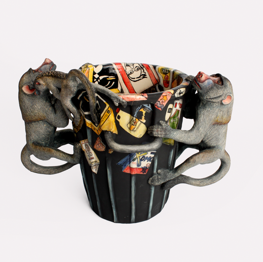 Baboons Rummaging Waste Bin Sculpture