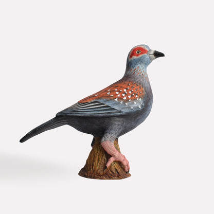 A front-angle view of the Speckled Pigeon sculpture, showcasing its intricate hand-painted details, realistic feather textures, and sculpted wooden base.