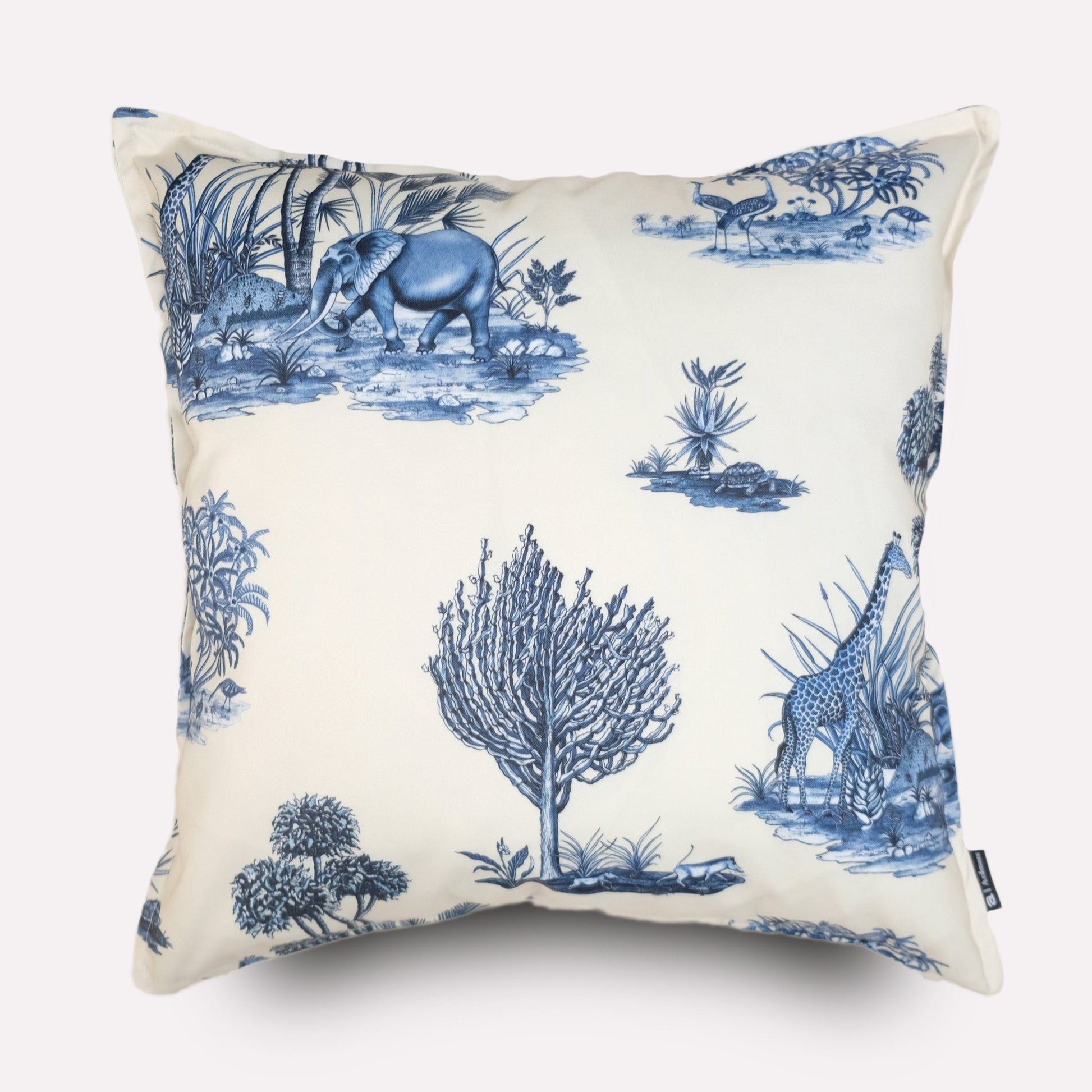 Front view of the Thanda Toile Tanzanite Outdoor Cushion Cover, featuring a blue and white toile design with African wildlife and trees.